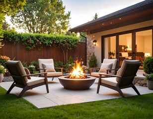 Backyard patio fire pit evening scene