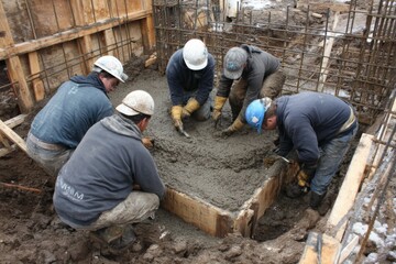 Construction crew pouring wet concrete into wood foundation form with steel rebar reinforcement on site preparation