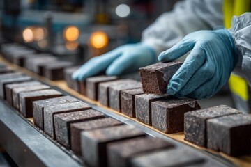 Worker in protective clothing and gloves inspecting chocolate cubes on a conveyor belt inside a food processing plant