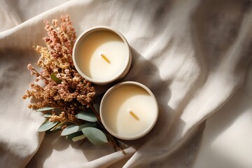 fresh flat lay of soy wax candles on a linen background