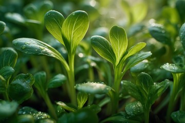 Obraz premium Young Plants Sprouting with Water Droplets, Revealing Veins and Vibrant Green Color in a Garden Environment