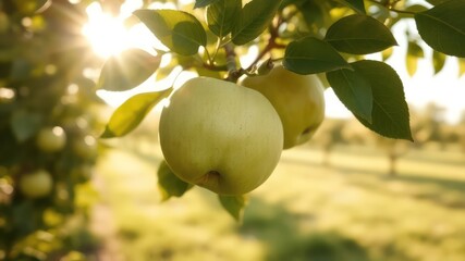 Green fruit growing on tree branches glistens in the bright light with a field full of orchard trees visible in the background