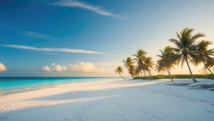 Fototapeta premium Tropical beach with palm trees, blue sky, and white sand.