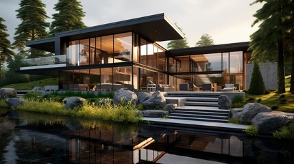 A photo of a modern house with a glass wall