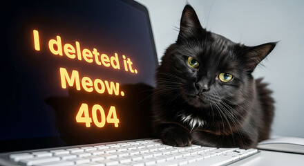 A playful black cat lounging on a laptop, featuring a humorous 404 error message on the screen, creating a lighthearted atmosphere