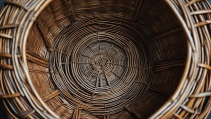 Empty woven basket viewed from inside, showcasing the circular pattern of the rattan material. Traditional handcrafted craft. Natural textures and weaving design.
