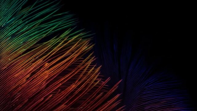 Close up shot of a colorful feather with green orange and yellow hues against a dark background