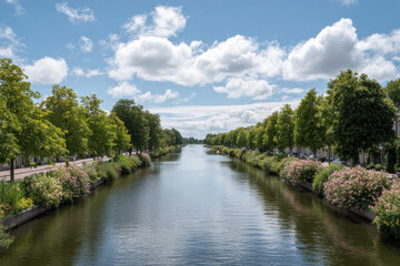 Fototapeta premium serene summer canal scene in netherlands featuring lush greenery and traditional dutch architecture