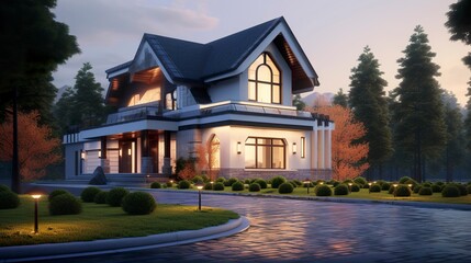 A photo of a modern house with a turret