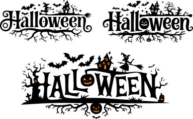 This image features three distinct Halloween-themed text designs. Each graphic incorporates spooky elements like bats, haunted houses, and pumpkins around the "Halloween" word. These are ideal for hol