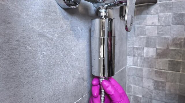 Hand in vibrant pink glove installing a sleek chrome shower filter onto a modern bathroom fixture, ensuring superior water quality and enhanced home hygiene