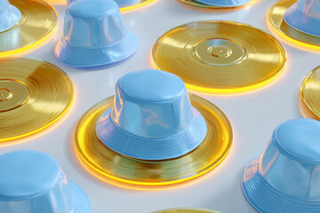 A photorealistic maximalist arrangement of hip-hop culture with neon blue bucket hats