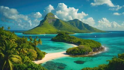 Tropical island landscape with lush greenery and turquoise waters, featuring a mountain and sandy beaches.