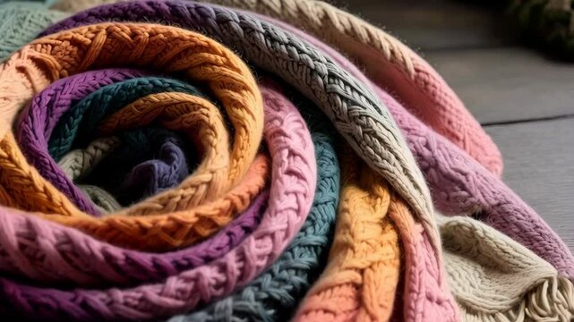 Close-up of colorful knitted wool blanket showcasing braid pattern and soft, blended pastel shades in spiral design.
