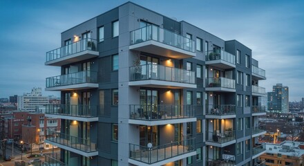 Obraz premium Urban apartment building at dusk glows