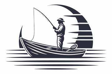 Fisherman silhouette, vintage style, fishing illustration, angling activity, outdoor pursuit, fishing hobby, rustic lifestyle, water sport, fishing tradition, outdoor leisure, fishing experience