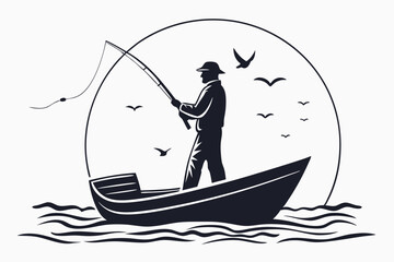 Fisherman silhouette, circular background with birds, fishing art, angling scene, outdoor leisure, fishing pastime, nature - inspired, water - based activity, fishing tradition