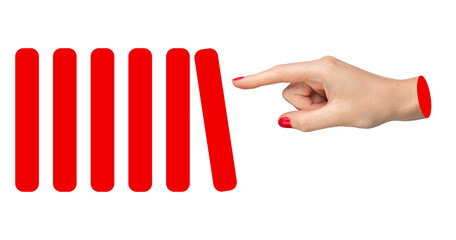 Hand controlling red domino blocks. Concept of manipulation, power, strategy, and authority in