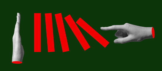 Hand gesture blocking falling dominoes. Abstract concept of intervention, defense, prevention,
