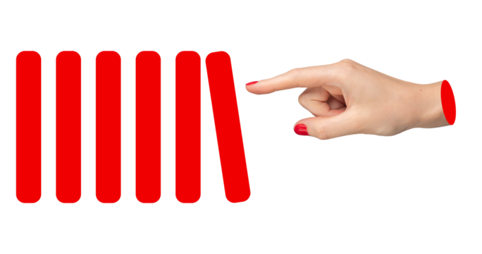 Hand controlling red domino blocks. Concept of manipulation, power, strategy, and authority in
