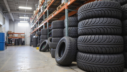 Stacked tires in a warehouse with organized shelving units  