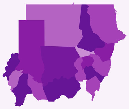 Map of Sudan with regions. Just a simple country border map with region division. Purple color palette. Blank Sudan shape with administrative division. Vector illustration.