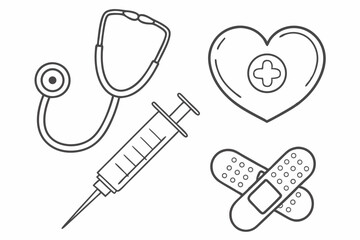 Medical care icons including stethoscope, syringe, heart, and bandage  