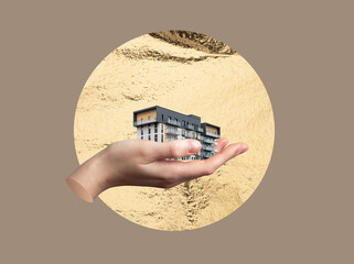 Hand holding apartment building as symbol of real estate and home ownership. Creative collage