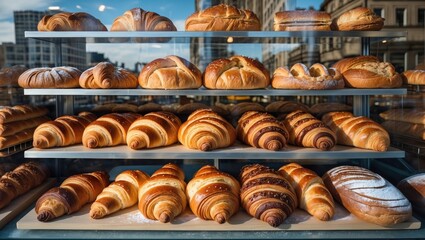 Display of freshly baked croissants and bread in a bakery window. Pastries and baked goods, breakfast, and bakery shop display. The presentation of assorted bakery items.