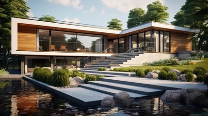 Fototapeta premium A photo of a modern house with a path