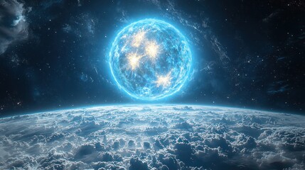 A vibrant, luminous celestial sphere dominates the night sky, positioned above a dense layer of clouds on a distant planet