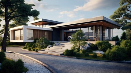A photo of a modern house with a path