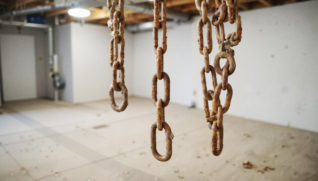 Rusty chains hanging in an empty industrial space with concrete floor  
