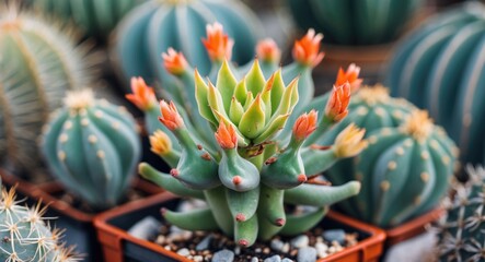 Fototapeta premium Colorful succulent plant with orange tips in a cactus nursery, surrounded by green round cacti. Gardening and plant care. The concept of succulent cultivation and drought-resistant plants.
