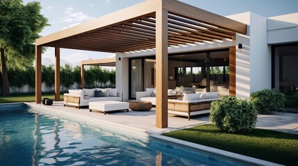 Fototapeta premium A photo of a modern house with a pergola