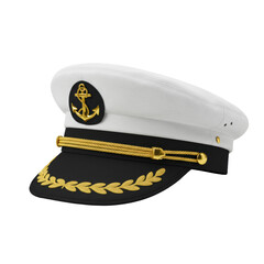 transparent captain's hat with black brim, gold anchor emblem & cord, displayed on a seamless white background in a professional studio, ultra-high definition product photography, luxury maritime
