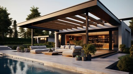 Fototapeta premium A photo of a modern house with a pergola