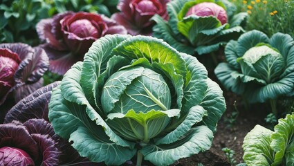 Obraz premium Close-up of cabbage plants growing in a garden, showing large green and purple cabbage leaves. Vegetables and gardening concept. The image of leafy vegetables.