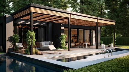 A photo of a modern house with a pergola