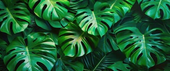 Lush green monstera leaves with distinctive perforations, dense foliage, and tropical appearance. The concept of jungle, nature, and tropical plants.