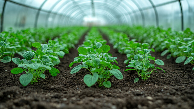 Inside a polytunnel, rows of vibrant green strawberry plants grow under translucent polyethylene plastic. A controlled environment for sustainable agriculture and fresh food cultivation. Bright natura - Powered by Adobe