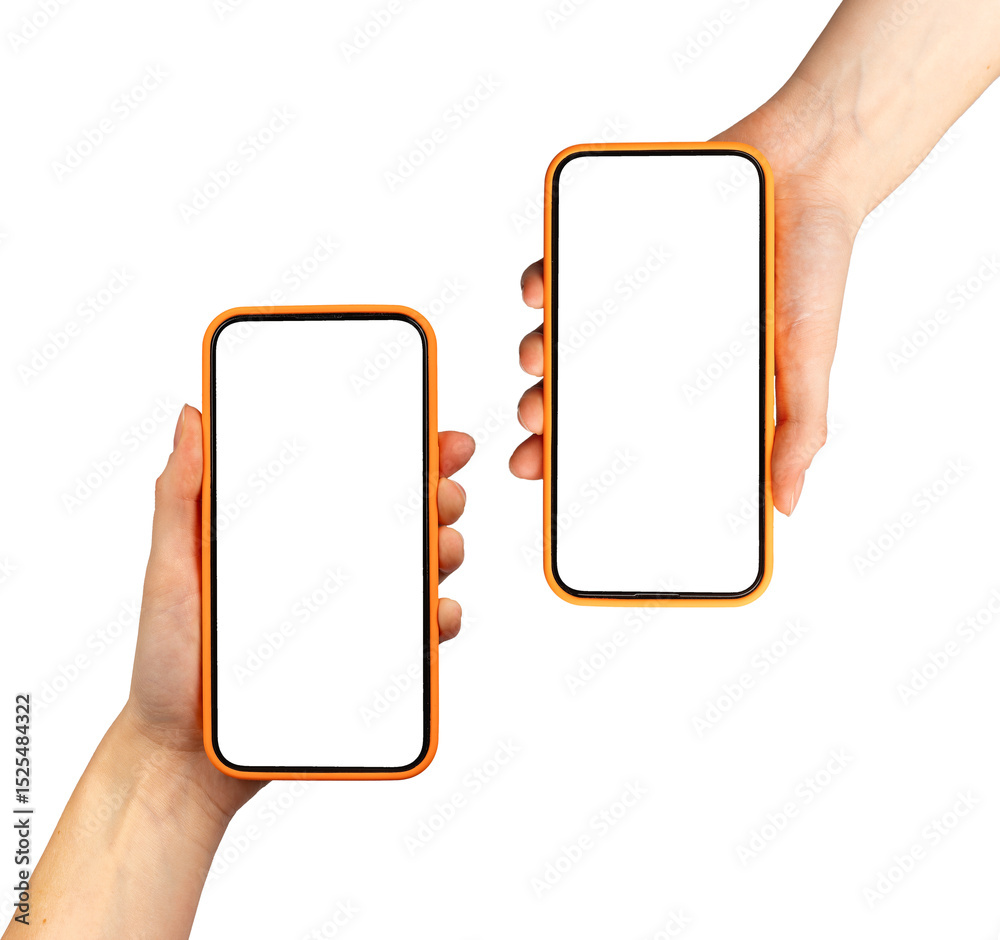 Poster Hand holding two smartphones showing app screen. Mobile cellular devices with technology display.
