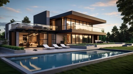 A photo of a modern house with a pool house