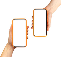 Hand holding two smartphones showing app screen. Mobile cellular devices with technology display.