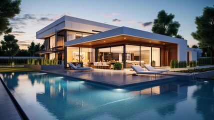 A photo of a modern house with a pool house