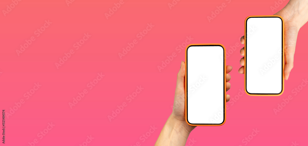 Poster hand holding two smartphones with app screens in pink gradient background. mobile devices with
