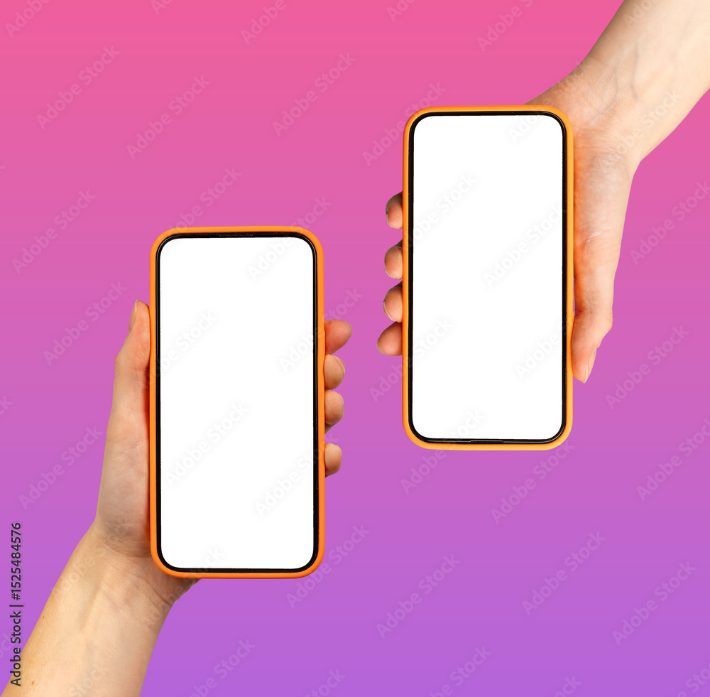 Poster Hand holding two smartphones with app screens showing. Mobile devices in violet and purple gradient