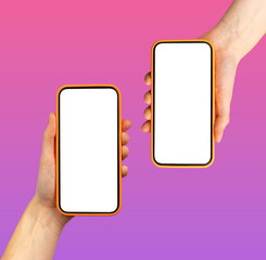 Hand holding two smartphones with app screens showing. Mobile devices in violet and purple gradient