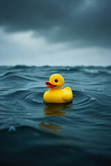 Solitary Yellow Rubber Duck with Orange Beak Floating on Dark Choppy Ocean Water Under a Moody Overcast Sky