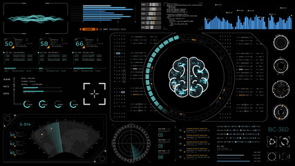 HUD screen with glowing brain symbol representing artificial intelligence and deep learning